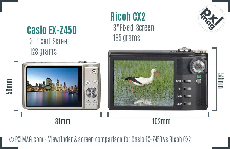 Casio EX-Z450 vs Ricoh CX2 Screen and Viewfinder comparison