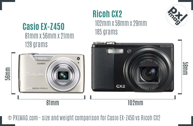 Casio EX-Z450 vs Ricoh CX2 size comparison