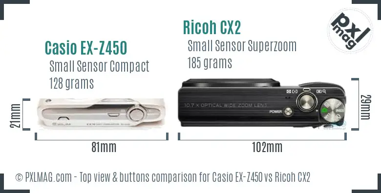 Casio EX-Z450 vs Ricoh CX2 top view buttons comparison