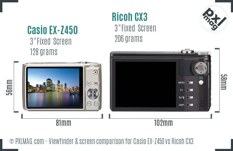 Casio EX-Z450 vs Ricoh CX3 Screen and Viewfinder comparison