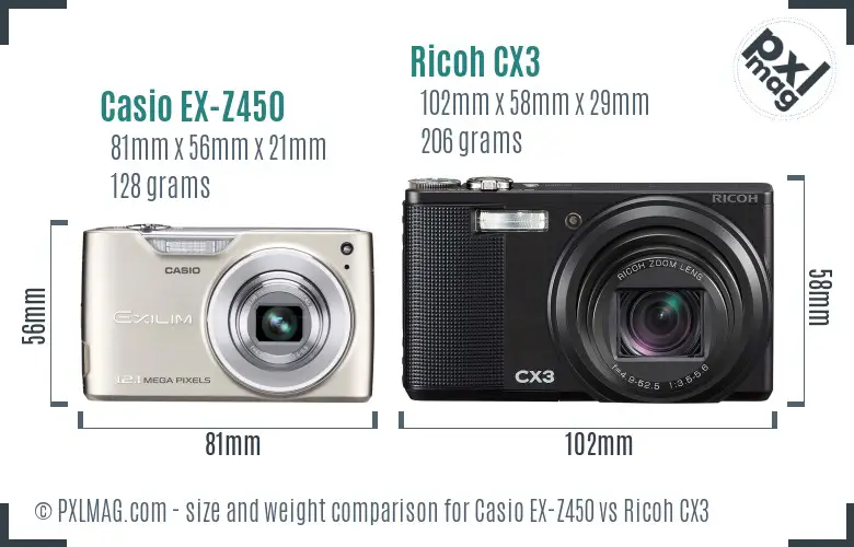 Casio EX-Z450 vs Ricoh CX3 size comparison
