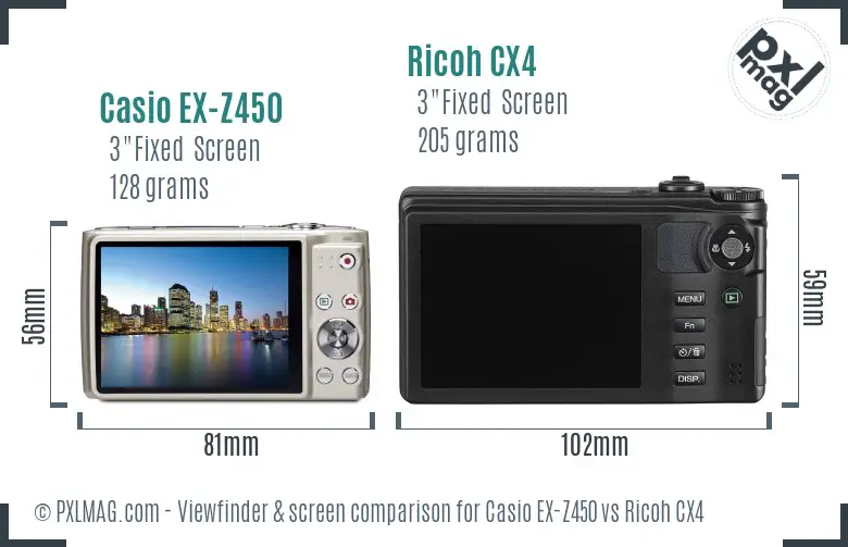 Casio EX-Z450 vs Ricoh CX4 Screen and Viewfinder comparison