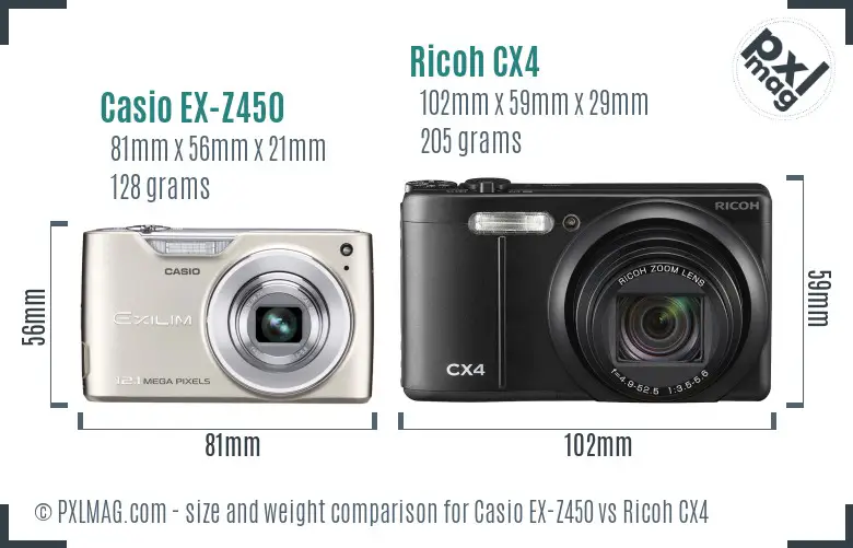 Casio EX-Z450 vs Ricoh CX4 size comparison