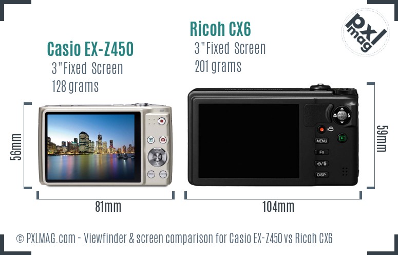 Casio EX-Z450 vs Ricoh CX6 Screen and Viewfinder comparison
