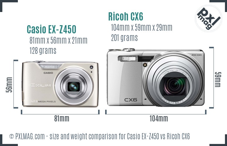 Casio EX-Z450 vs Ricoh CX6 size comparison