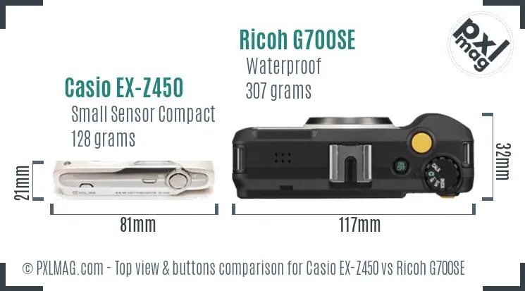 Casio EX-Z450 vs Ricoh G700SE top view buttons comparison