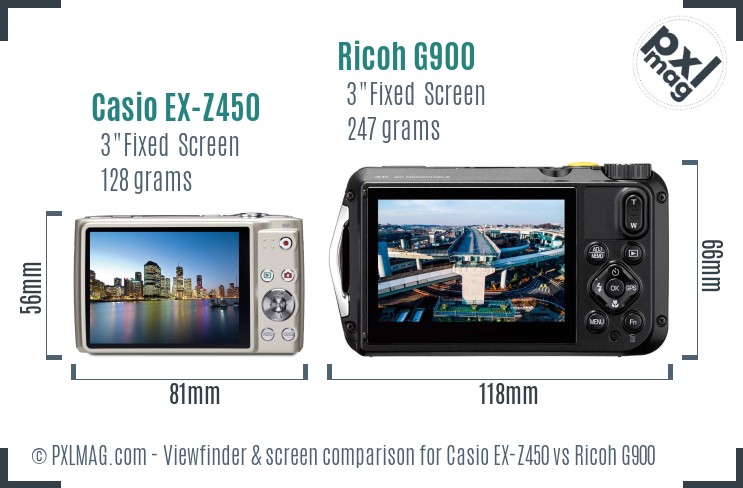 Casio EX-Z450 vs Ricoh G900 Screen and Viewfinder comparison