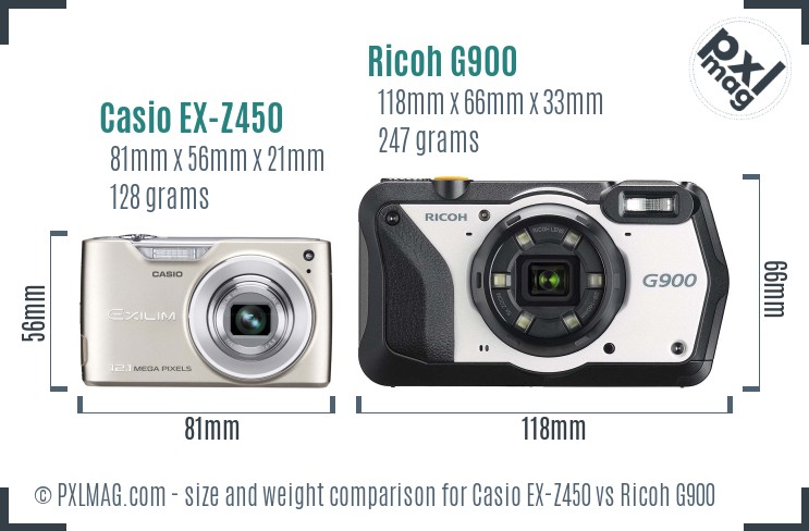 Casio EX-Z450 vs Ricoh G900 size comparison