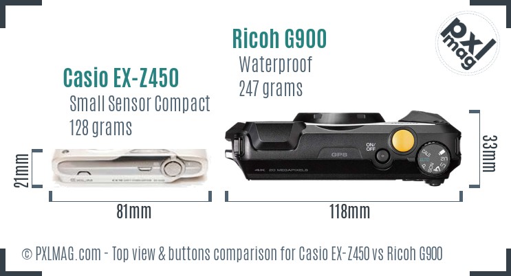 Casio EX-Z450 vs Ricoh G900 top view buttons comparison