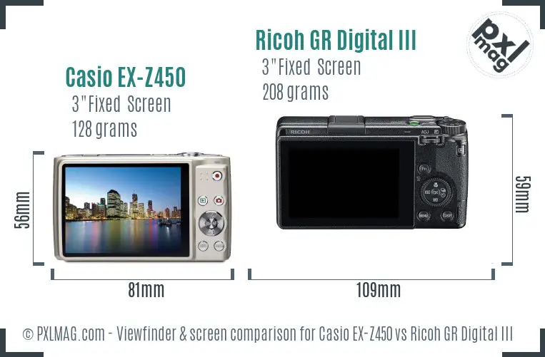 Casio EX-Z450 vs Ricoh GR Digital III Screen and Viewfinder comparison