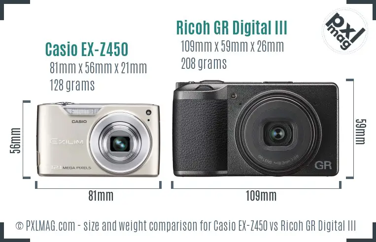 Casio EX-Z450 vs Ricoh GR Digital III size comparison