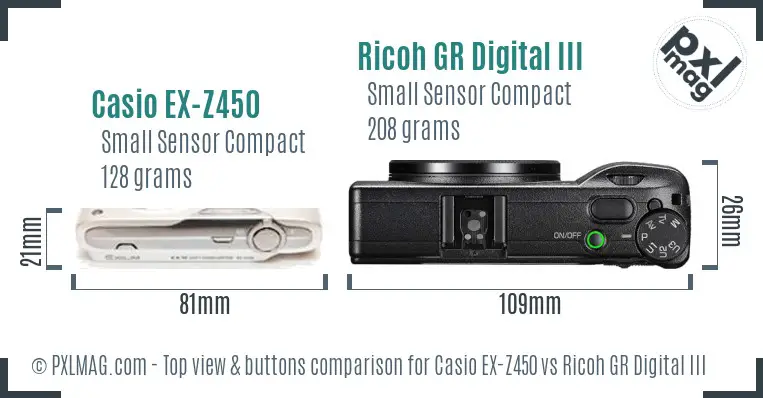 Casio EX-Z450 vs Ricoh GR Digital III top view buttons comparison