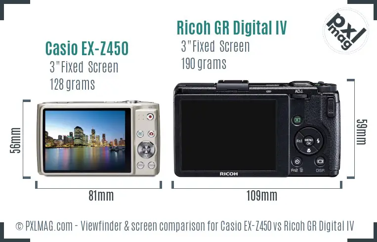 Casio EX-Z450 vs Ricoh GR Digital IV Screen and Viewfinder comparison
