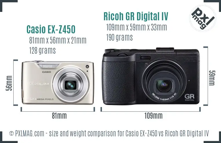 Casio EX-Z450 vs Ricoh GR Digital IV size comparison