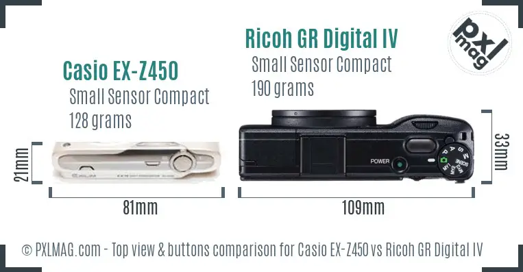 Casio EX-Z450 vs Ricoh GR Digital IV top view buttons comparison
