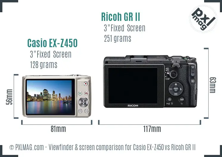 Casio EX-Z450 vs Ricoh GR II Screen and Viewfinder comparison