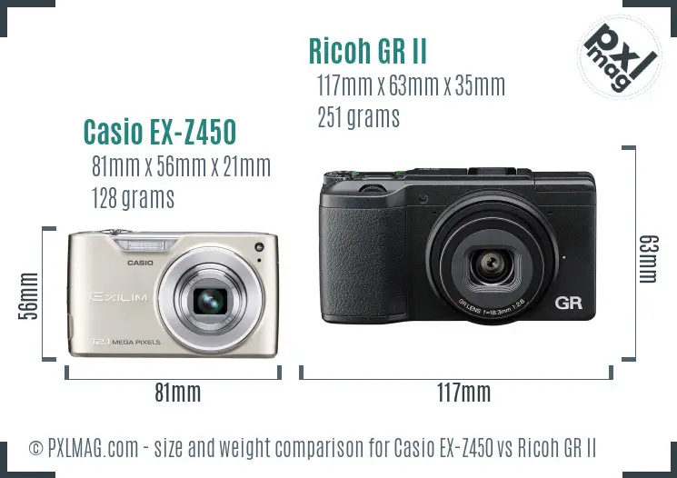 Casio EX-Z450 vs Ricoh GR II size comparison