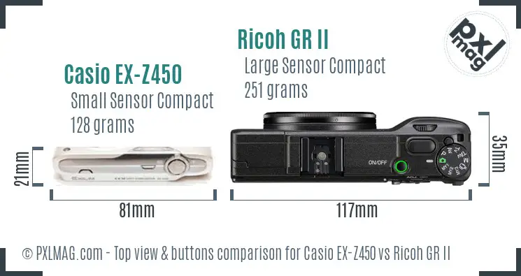 Casio EX-Z450 vs Ricoh GR II top view buttons comparison