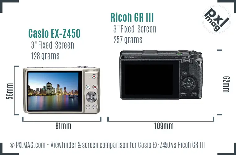 Casio EX-Z450 vs Ricoh GR III Screen and Viewfinder comparison