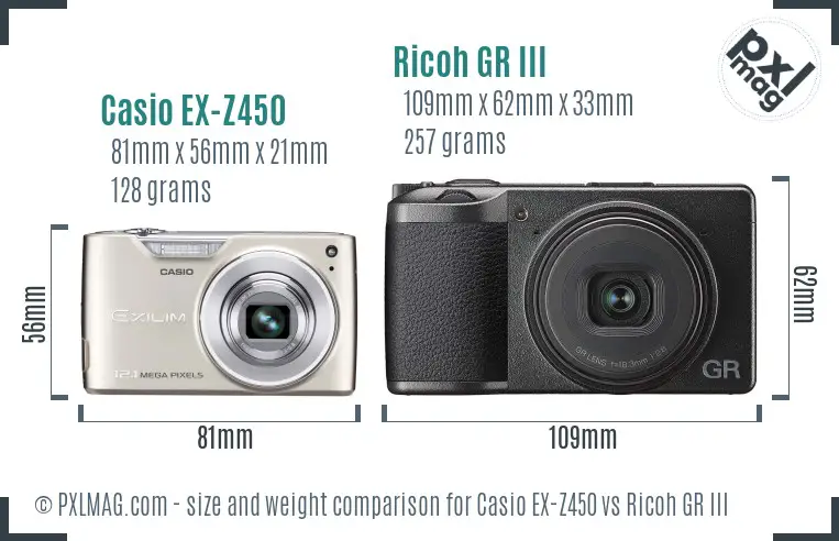 Casio EX-Z450 vs Ricoh GR III size comparison