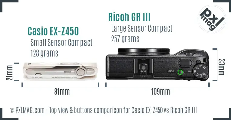 Casio EX-Z450 vs Ricoh GR III top view buttons comparison