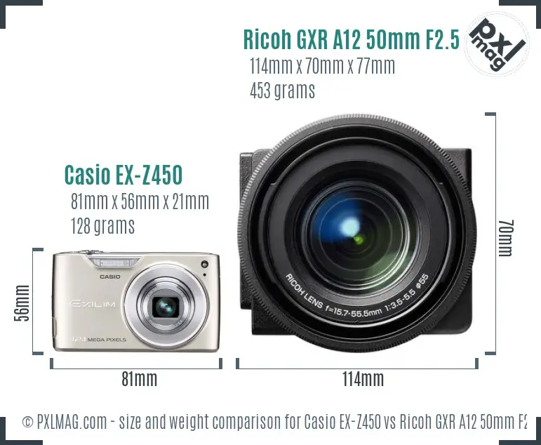 Casio EX-Z450 vs Ricoh GXR A12 50mm F2.5 Macro size comparison