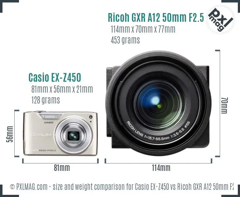 Casio EX-Z450 vs Ricoh GXR A12 50mm F2.5 Macro size comparison Casio EX-Z450 vs Ricoh GXR A12 50mm F2.5 Macro size comparison