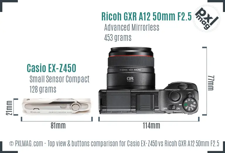 Casio EX-Z450 vs Ricoh GXR A12 50mm F2.5 Macro top view buttons comparison
