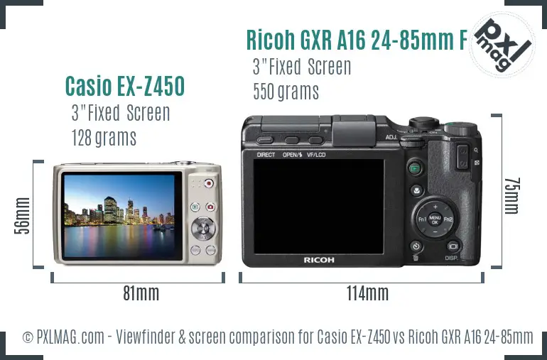 Casio EX-Z450 vs Ricoh GXR A16 24-85mm F3.5-5.5 Screen and Viewfinder comparison Casio EX-Z450 vs Ricoh GXR A16 24-85mm F3.5-5.5 Screen and Viewfinder comparison