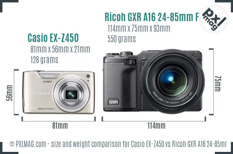 Casio EX-Z450 vs Ricoh GXR A16 24-85mm F3.5-5.5 size comparison Casio EX-Z450 vs Ricoh GXR A16 24-85mm F3.5-5.5 size comparison