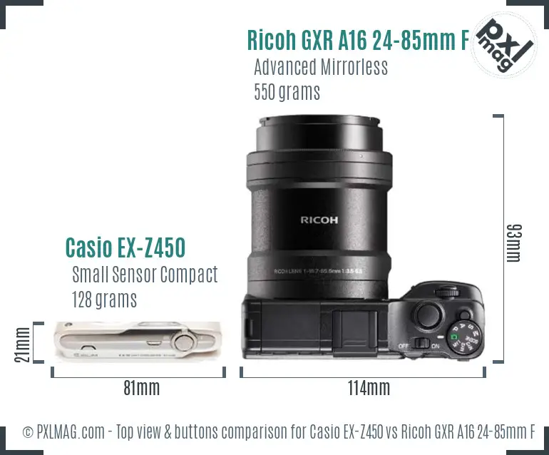 Casio EX-Z450 vs Ricoh GXR A16 24-85mm F3.5-5.5 top view buttons comparison Casio EX-Z450 vs Ricoh GXR A16 24-85mm F3.5-5.5 top view buttons comparison