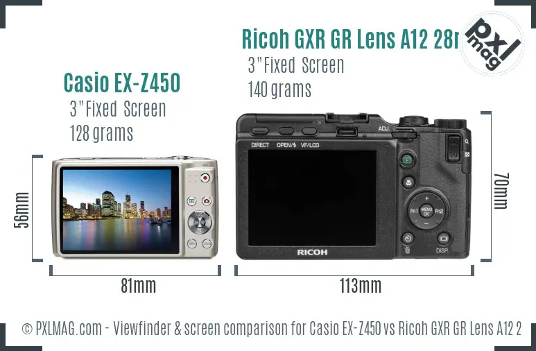 Casio EX-Z450 vs Ricoh GXR GR Lens A12 28mm F2.5 Screen and Viewfinder comparison