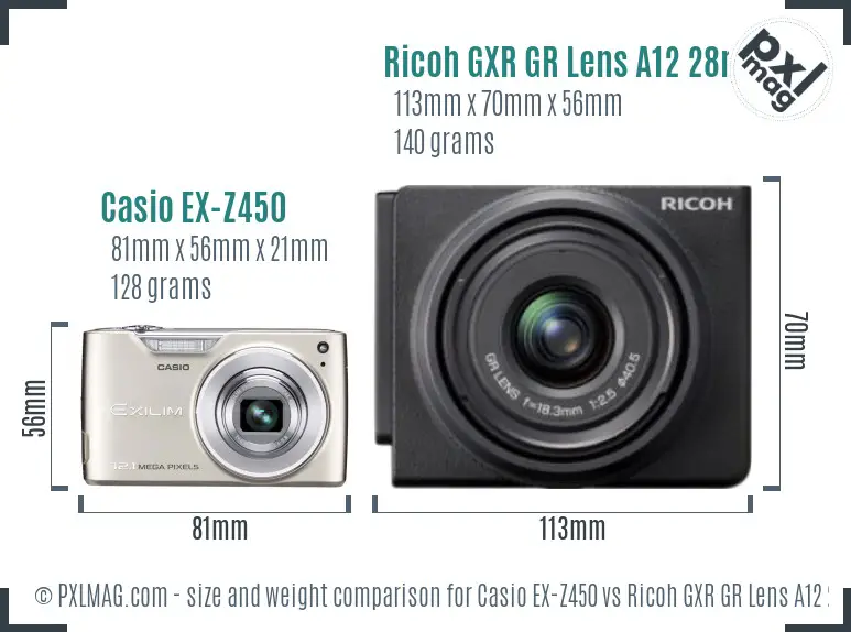 Casio EX-Z450 vs Ricoh GXR GR Lens A12 28mm F2.5 size comparison