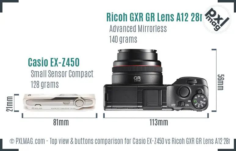 Casio EX-Z450 vs Ricoh GXR GR Lens A12 28mm F2.5 top view buttons comparison