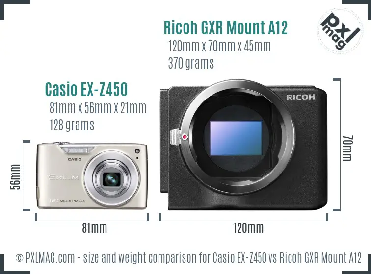 Casio EX-Z450 vs Ricoh GXR Mount A12 size comparison Casio EX-Z450 vs Ricoh GXR Mount A12 size comparison