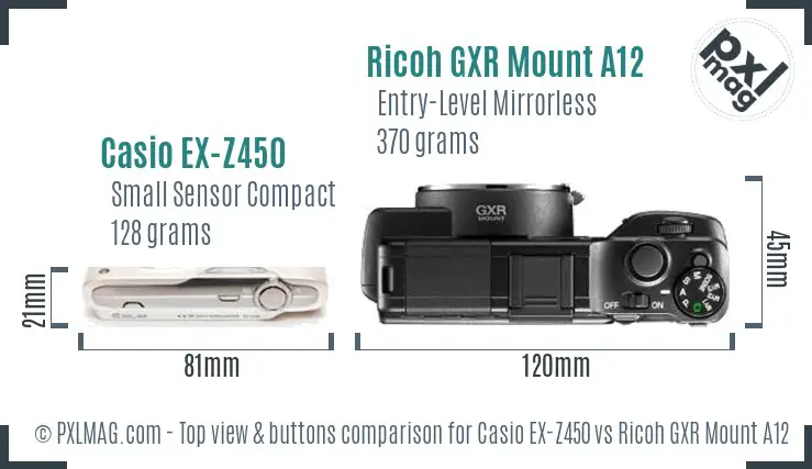 Casio EX-Z450 vs Ricoh GXR Mount A12 top view buttons comparison Casio EX-Z450 vs Ricoh GXR Mount A12 top view buttons comparison