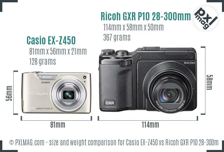 Casio EX-Z450 vs Ricoh GXR P10 28-300mm F3.5-5.6 VC size comparison