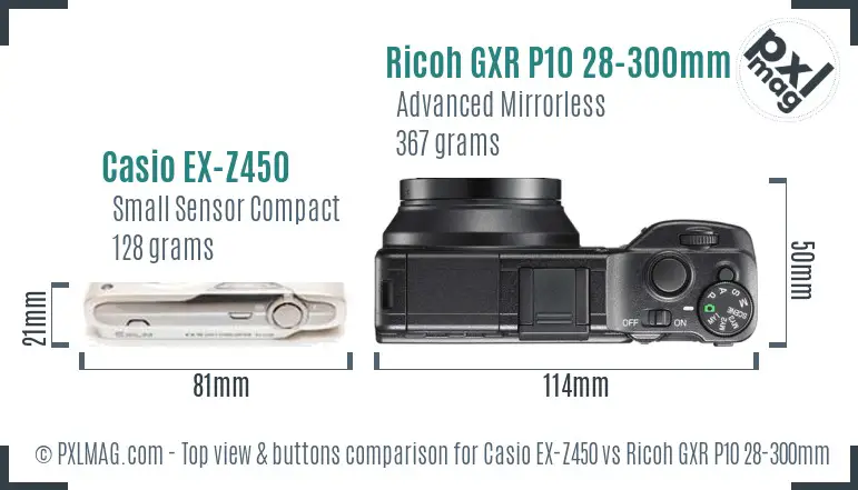Casio EX-Z450 vs Ricoh GXR P10 28-300mm F3.5-5.6 VC top view buttons comparison