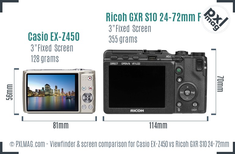 Casio EX-Z450 vs Ricoh GXR S10 24-72mm F2.5-4.4 VC Screen and Viewfinder comparison