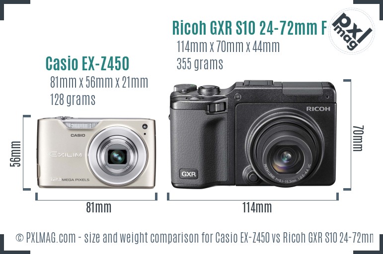 Casio EX-Z450 vs Ricoh GXR S10 24-72mm F2.5-4.4 VC size comparison