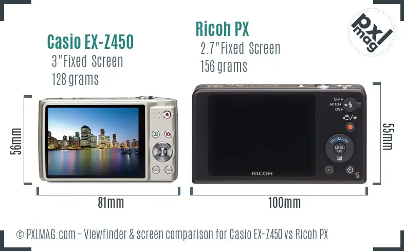 Casio EX-Z450 vs Ricoh PX Screen and Viewfinder comparison