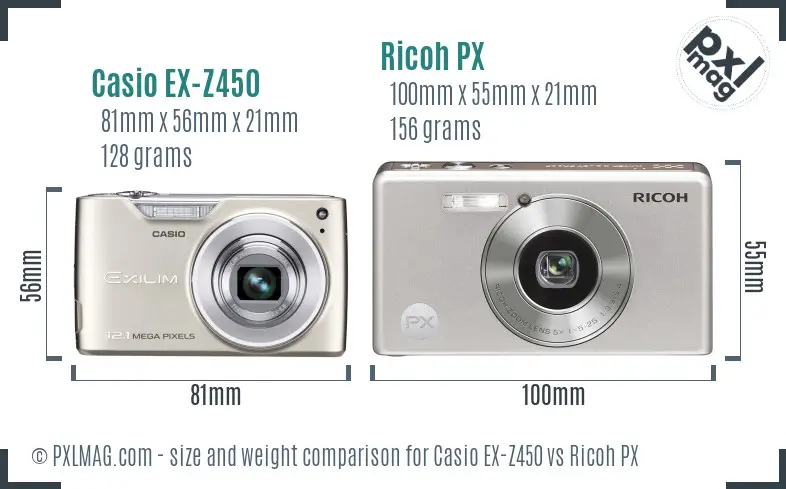 Casio EX-Z450 vs Ricoh PX size comparison
