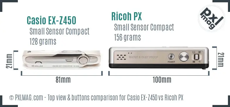Casio EX-Z450 vs Ricoh PX top view buttons comparison