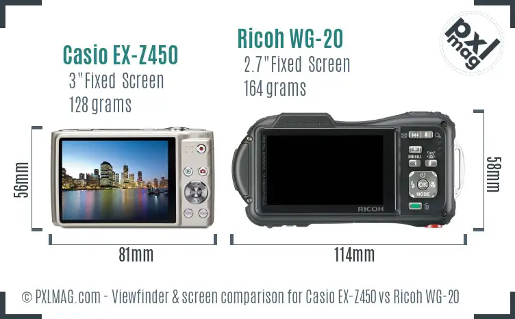 Casio EX-Z450 vs Ricoh WG-20 Screen and Viewfinder comparison