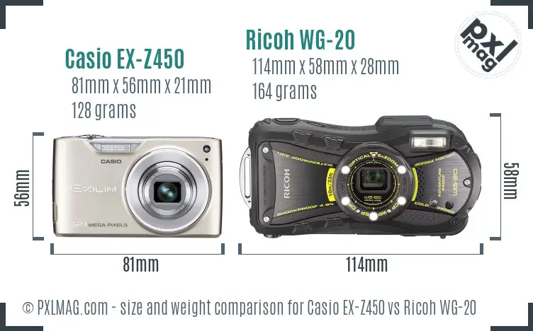 Casio EX-Z450 vs Ricoh WG-20 size comparison