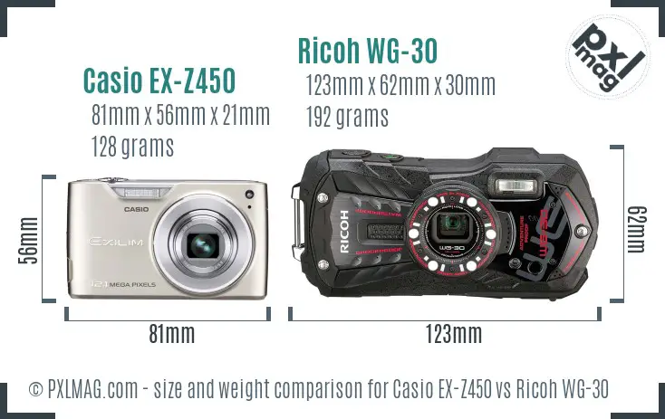 Casio EX-Z450 vs Ricoh WG-30 size comparison Casio EX-Z450 vs Ricoh WG-30 size comparison