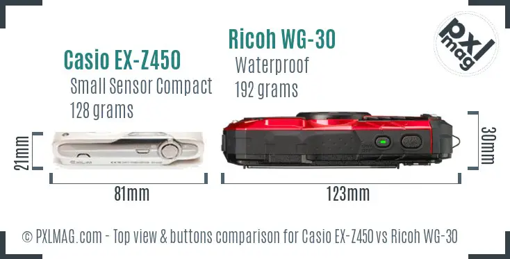 Casio EX-Z450 vs Ricoh WG-30 top view buttons comparison Casio EX-Z450 vs Ricoh WG-30 top view buttons comparison