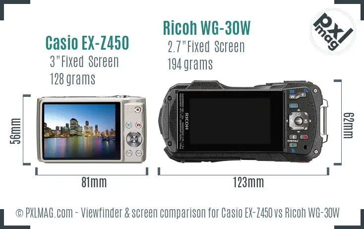 Casio EX-Z450 vs Ricoh WG-30W Screen and Viewfinder comparison