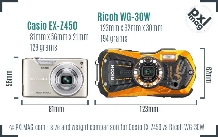 Casio EX-Z450 vs Ricoh WG-30W size comparison