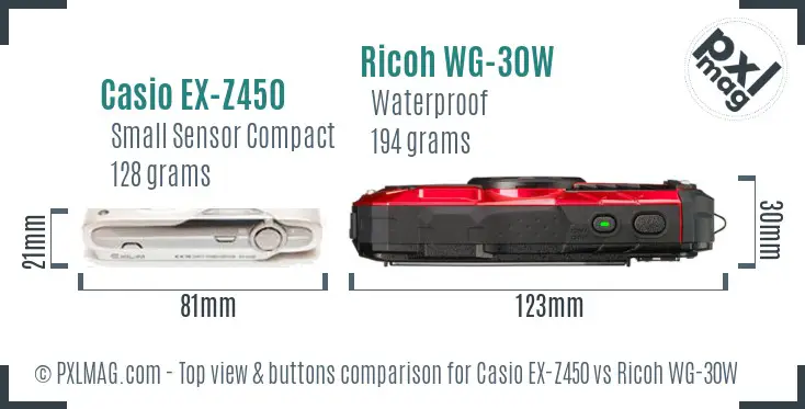 Casio EX-Z450 vs Ricoh WG-30W top view buttons comparison